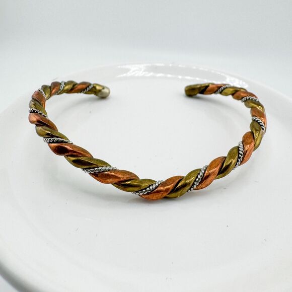 Vintage Copper Brass Silver Tone Twisted Cuff Bracelet Boho Torque Southwestern - Picture 7 of 9